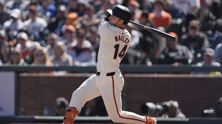 Patrick Bailey of the San Francisco Giants bats against the San Diego Padres in the bottom of the fifth inning of a Major League Baseball game at Oracle Park.