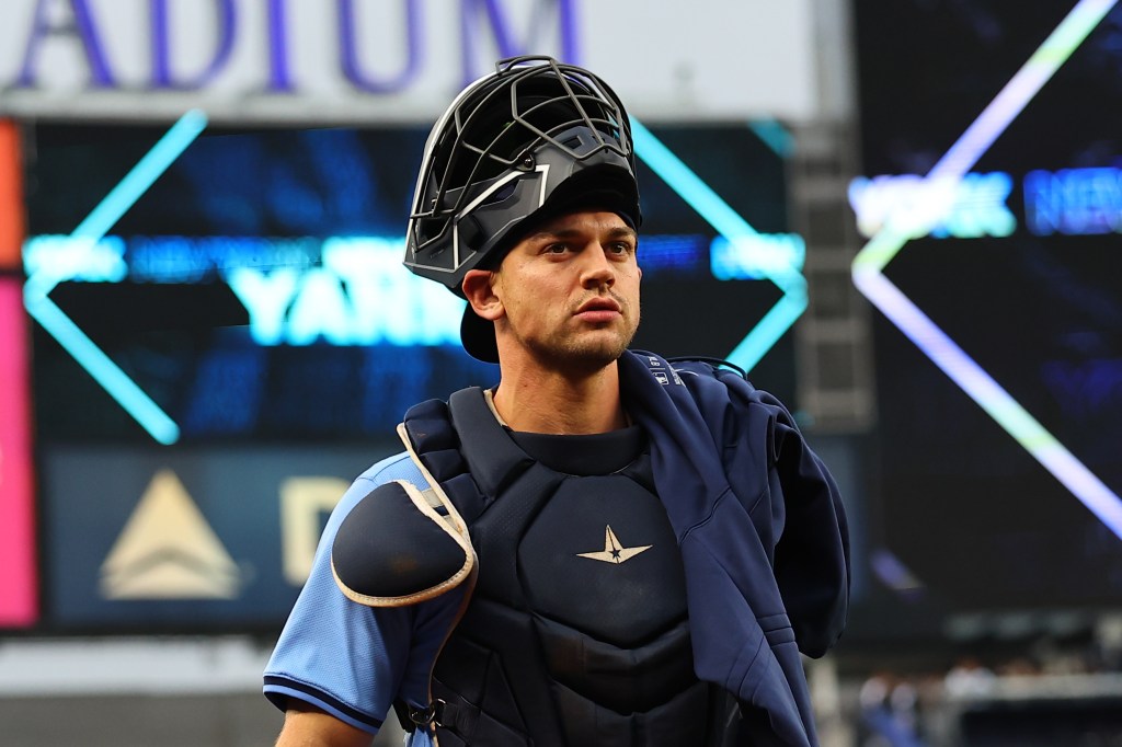 Ben Rortvedt #30 of the Tampa Bay Rays prior to the Major League Baseball game against the New York Yankees on April 19, 2024 at Yankee Stadium.