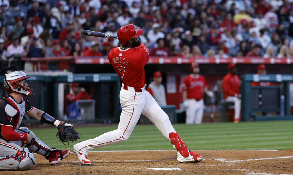 ANAHEIM, CALIFORNIA - APRIL 27: Jo Adell #7 of the Los Angeles Angels hits a two-run home run run against pitcher Chris Paddack #20 of the Minnesota Twins during the second inning at Angel Stadium of Anaheim on April 27, 2024 in Anaheim, California. (Photo by Kevork Djansezian/Getty Images)