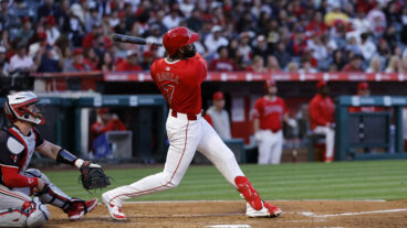 ANAHEIM, CALIFORNIA - APRIL 27: Jo Adell #7 of the Los Angeles Angels hits a two-run home run run against pitcher Chris Paddack #20 of the Minnesota Twins during the second inning at Angel Stadium of Anaheim on April 27, 2024 in Anaheim, California. (Photo by Kevork Djansezian/Getty Images)