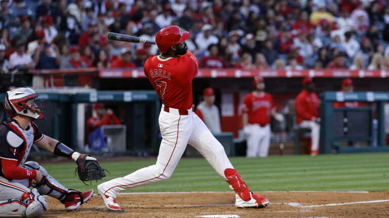ANAHEIM, CALIFORNIA - APRIL 27: Jo Adell #7 of the Los Angeles Angels hits a two-run home run run against pitcher Chris Paddack #20 of the Minnesota Twins during the second inning at Angel Stadium of Anaheim on April 27, 2024 in Anaheim, California. (Photo by Kevork Djansezian/Getty Images)