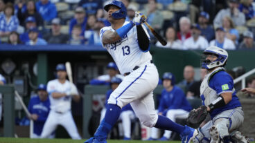 KANSAS CITY, MISSOURI - APRIL 23: Salvador Perez #13 of the Kansas City Royals hits against the Toronto Blue Jays at Kauffman Stadium on April 23, 2024 in Kansas City, Missouri. (Photo by Ed Zurga/Getty Images)