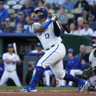 KANSAS CITY, MISSOURI - APRIL 23: Salvador Perez #13 of the Kansas City Royals hits against the Toronto Blue Jays at Kauffman Stadium on April 23, 2024 in Kansas City, Missouri. (Photo by Ed Zurga/Getty Images)