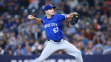 Seth Lugo #67 of the Kansas City Royals delivers a pitch in the first inning during a game against the Toronto Blue Jays at Rogers Centre.