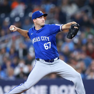 Seth Lugo #67 of the Kansas City Royals delivers a pitch in the first inning during a game against the Toronto Blue Jays at Rogers Centre.