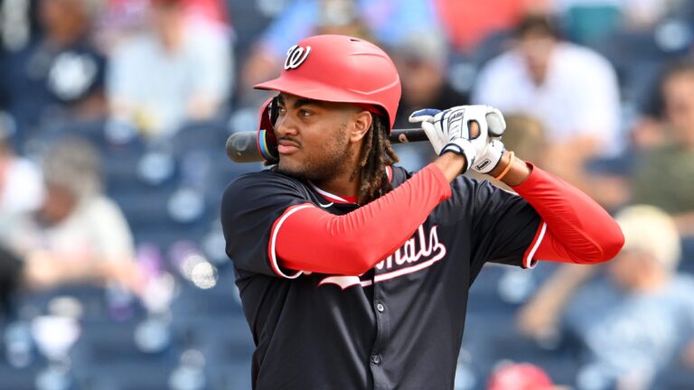 James Wood of the Washington Nationals bats during the ninth inning of a spring training game.