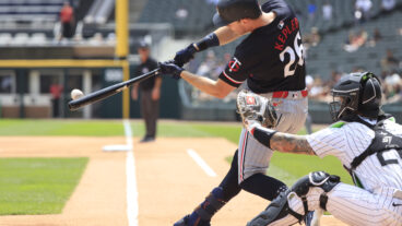 Max Kepler of the Minnesota Twins at bat during the first inning in the game at Guaranteed Rate Field.