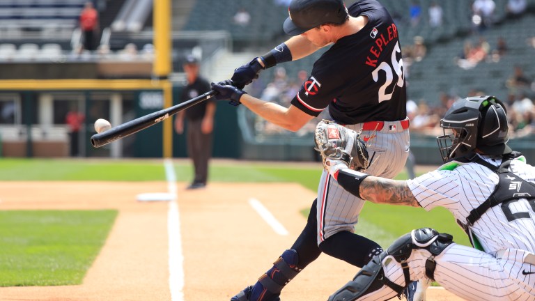 Max Kepler of the Minnesota Twins at bat during the first inning in the game at Guaranteed Rate Field.