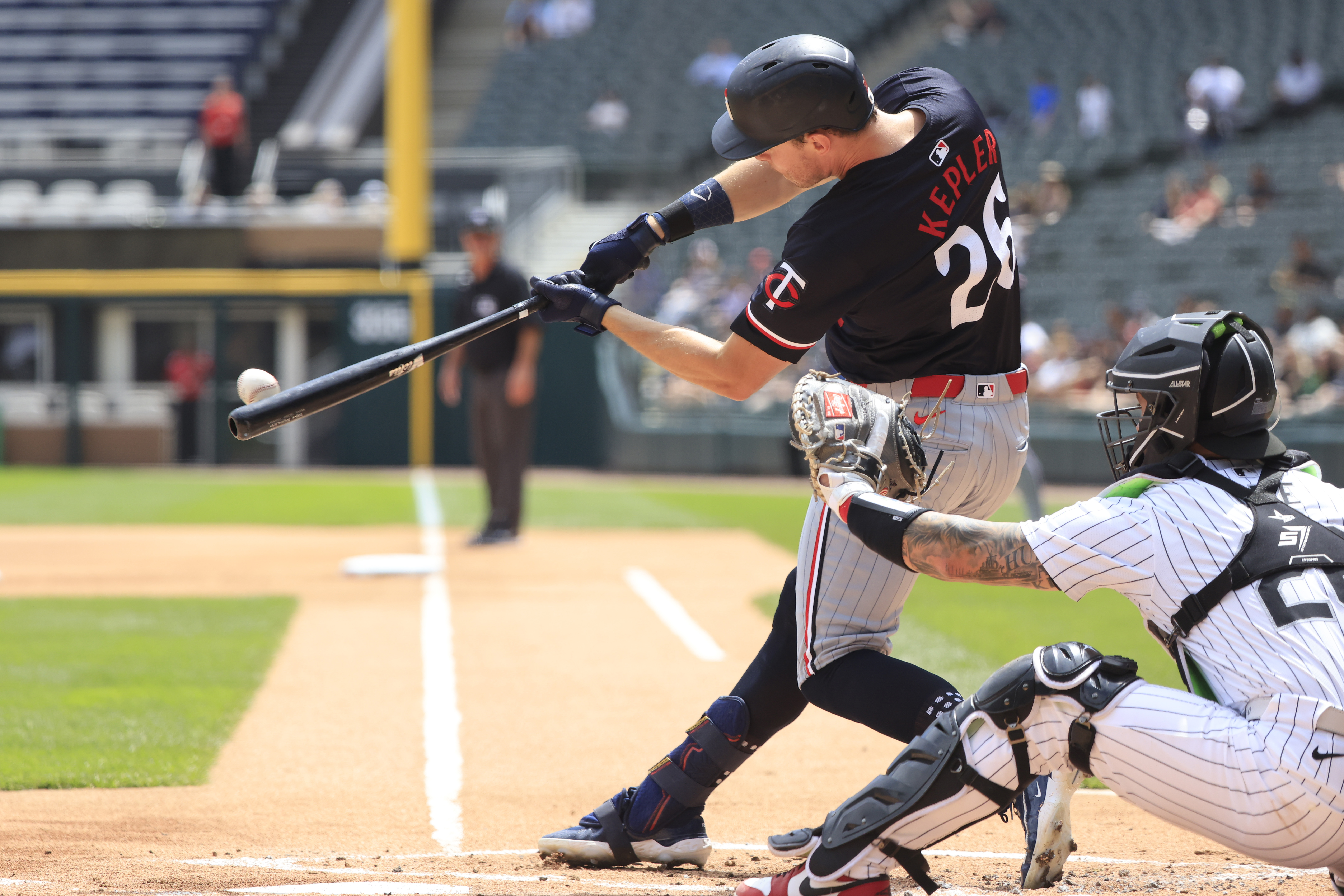 Max Kepler of the Minnesota Twins at bat during the first inning in the game at Guaranteed Rate Field.
