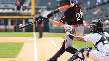 Max Kepler of the Minnesota Twins at bat during the first inning in the game at Guaranteed Rate Field.