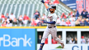 Riley Greene of the Detroit Tigers rounds the bases after hitting a leadoff solo homer during the first inning against the Cleveland Guardians.