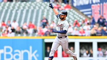 Riley Greene of the Detroit Tigers rounds the bases after hitting a leadoff solo homer during the first inning against the Cleveland Guardians.