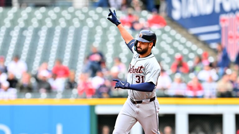 Riley Greene of the Detroit Tigers rounds the bases after hitting a leadoff solo homer during the first inning against the Cleveland Guardians.