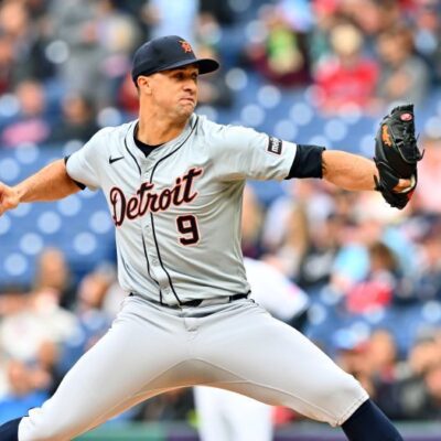 Starting pitcher Jack Flaherty of the Detroit Tigers pitches during the first inning against the Cleveland Guardians at Progressive Field.