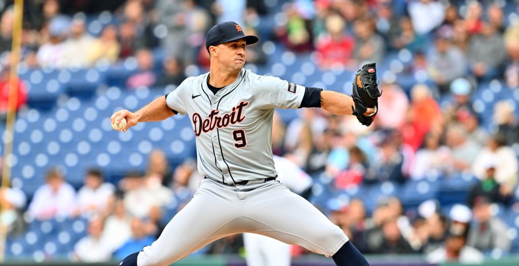Starting pitcher Jack Flaherty of the Detroit Tigers pitches during the first inning against the Cleveland Guardians at Progressive Field.