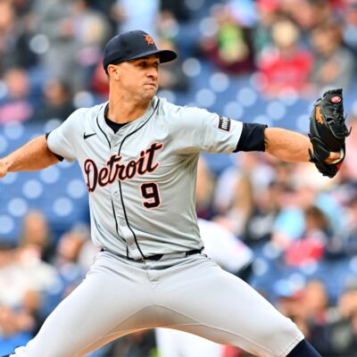 Starting pitcher Jack Flaherty of the Detroit Tigers pitches during the first inning against the Cleveland Guardians at Progressive Field.