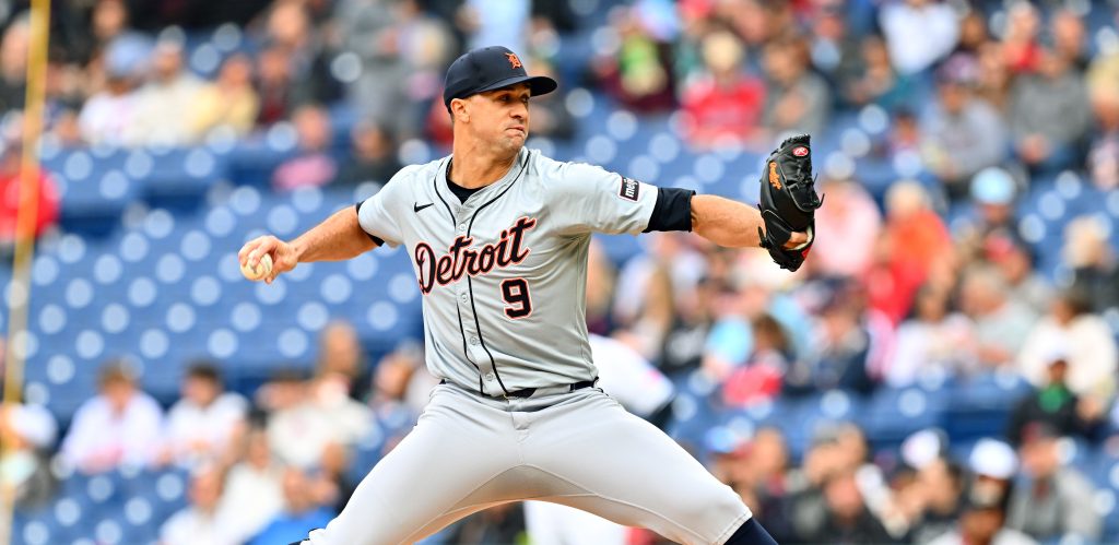 Starting pitcher Jack Flaherty of the Detroit Tigers pitches during the first inning against the Cleveland Guardians at Progressive Field.