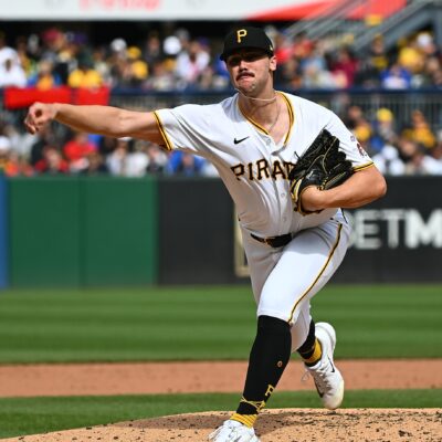 Paul Skenes, one of baseball's top rookies, of the Pittsburgh Pirates delivers a pitch in the third inning of his major league debut during the game against the Chicago Cubs at PNC Park.