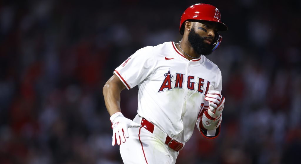 Jo Adell #7 of the Los Angeles Angels hits a home run against the Kansas City Royals in the fifth inning at Angel Stadium.