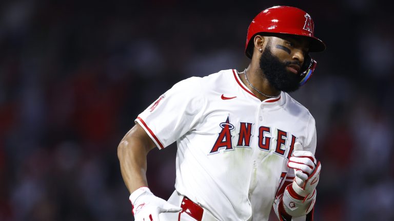 Jo Adell #7 of the Los Angeles Angels hits a home run against the Kansas City Royals in the fifth inning at Angel Stadium.