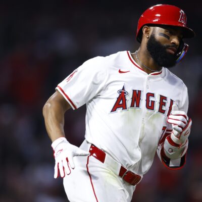 Jo Adell #7 of the Los Angeles Angels hits a home run against the Kansas City Royals in the fifth inning at Angel Stadium.