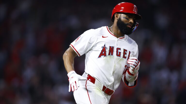 Jo Adell #7 of the Los Angeles Angels hits a home run against the Kansas City Royals in the fifth inning at Angel Stadium.