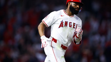 Jo Adell #7 of the Los Angeles Angels hits a home run against the Kansas City Royals in the fifth inning at Angel Stadium.