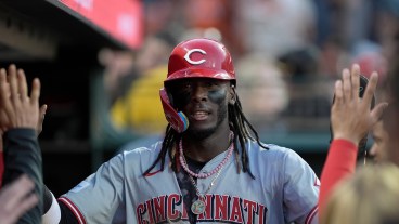 SAN FRANCISCO, CALIFORNIA - MAY 10: Elly De La Cruz #44 of the Cincinnati Reds is congratulated by teammates after he scored against the San Francisco Giants in the top of the third inning at Oracle Park on May 10, 2024 in San Francisco, California. (Photo by Thearon W. Henderson/Getty Images)