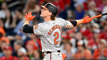 Gunnar Henderson of the Baltimore Orioles hits a home run in the sixth inning against the Washington Nationals at Nationals Park.