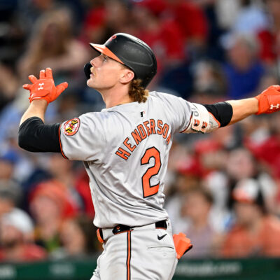 Gunnar Henderson of the Baltimore Orioles hits a home run in the sixth inning against the Washington Nationals at Nationals Park.