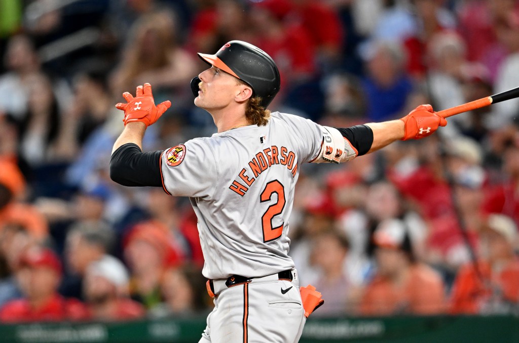 Gunnar Henderson of the Baltimore Orioles hits a home run in the sixth inning against the Washington Nationals at Nationals Park.