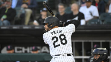Tommy Pham #28 of the Chicago White Sox waits for a pitch during a game against the Cleveland Guardians at Guaranteed Rate Field.