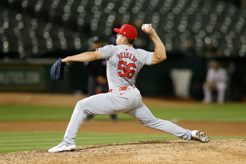 Ryan Helsley #56 of the St. Louis Cardinals pitches against the Oakland Athletics at Oakland Coliseum.