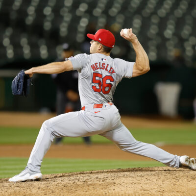 Ryan Helsley #56 of the St. Louis Cardinals pitches against the Oakland Athletics at Oakland Coliseum.