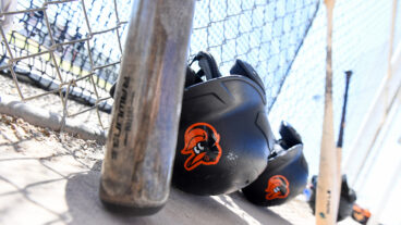 A closeup view of a Baltimore Orioles batting helmet prior to a minor league spring training game against the Atlanta Braves at the Buck ONeil Baseball Complex on March 21, 2023 in Sarasota, Florida. (Photo by Nick Cammett/Diamond Images via Getty I