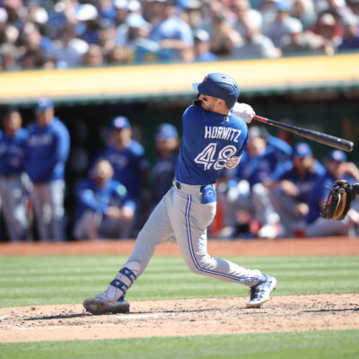 Spencer Horwitz of the Toronto Blue Jays bats during the game against the Oakland Athletics at RingCentral Coliseum.