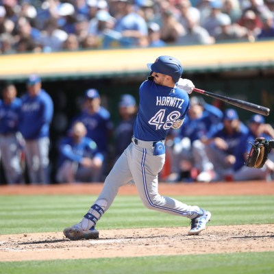 Spencer Horwitz of the Toronto Blue Jays bats during the game against the Oakland Athletics at RingCentral Coliseum.
