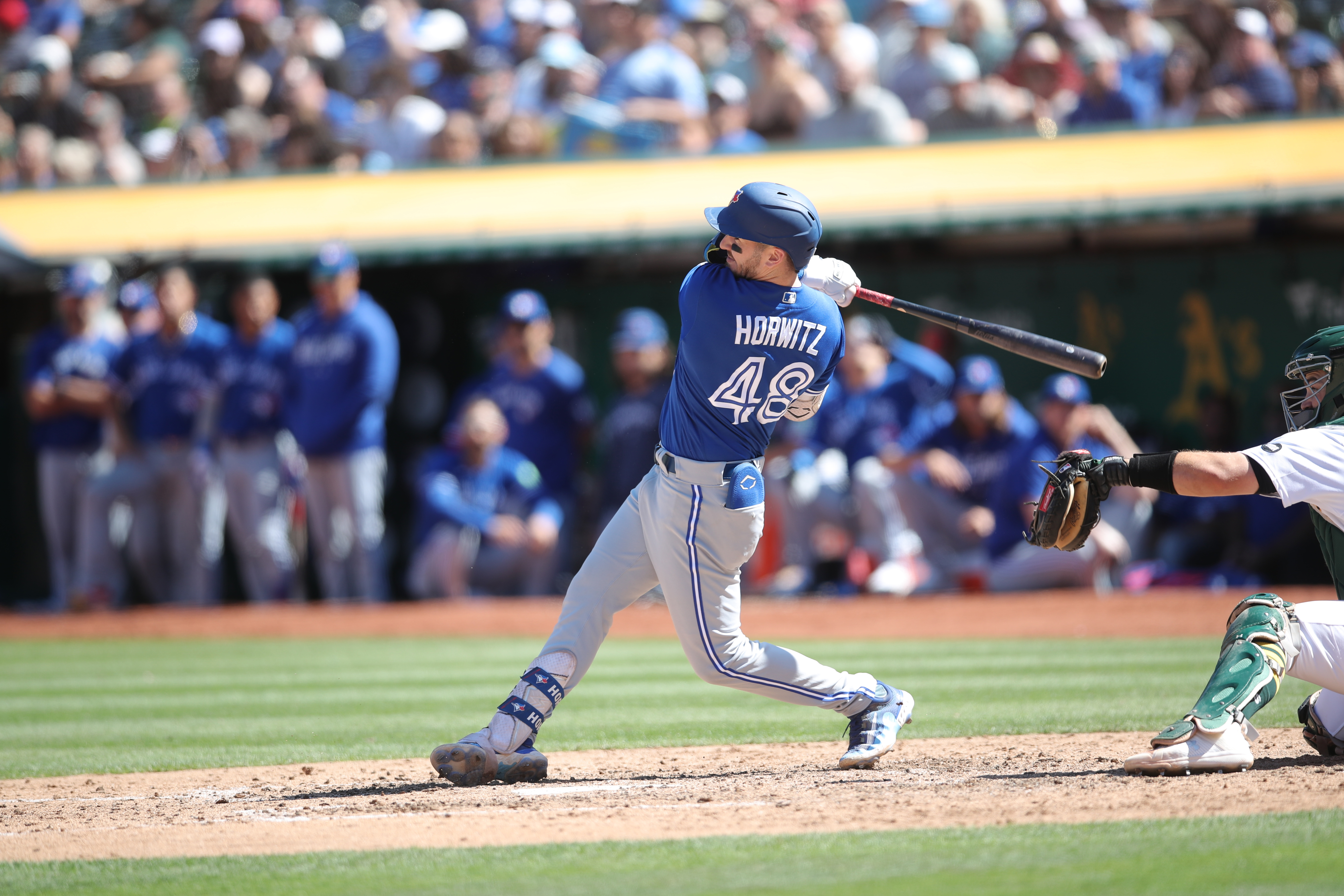 Spencer Horwitz of the Toronto Blue Jays bats during the game against the Oakland Athletics at RingCentral Coliseum.