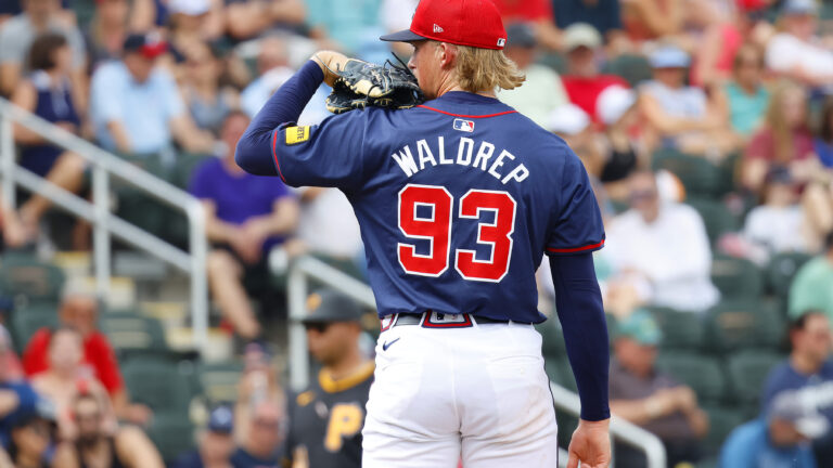 Relief pitcher Hurston Waldrep stares down a batter during the Friday afternoon MLB Spring Training game between the Atlanta Braves and the Pittsburgh Pirates at CoolToday Park in North Port, Florida.