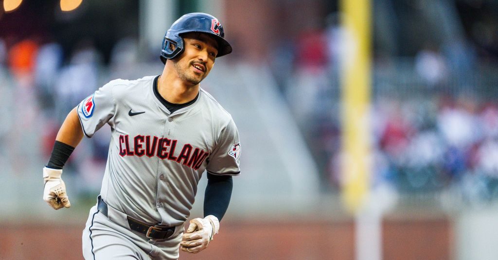 Steven Kwan of the Cleveland Guardians hits a home run in the first inning against the Atlanta Braves at Truist Park. (from Just Baseball's Power Rankings)