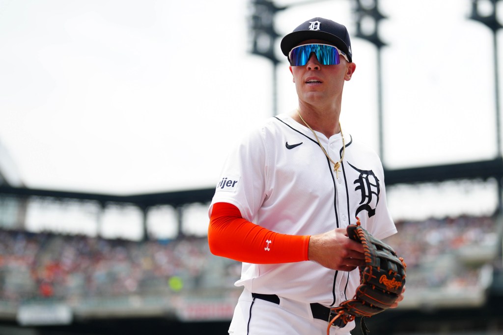 Kerry Carpenter of the Detroit Tigers looks on in the third inning during the game between the Miami Marlins and the Detroit Tigers at Comerica Park.