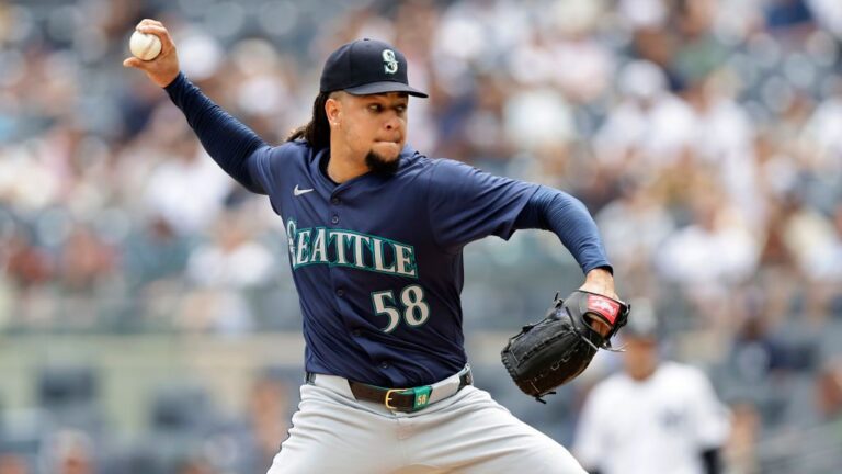 Luis Castillo of the Seattle Mariners in action against the New York Yankees at Yankee Stadium.