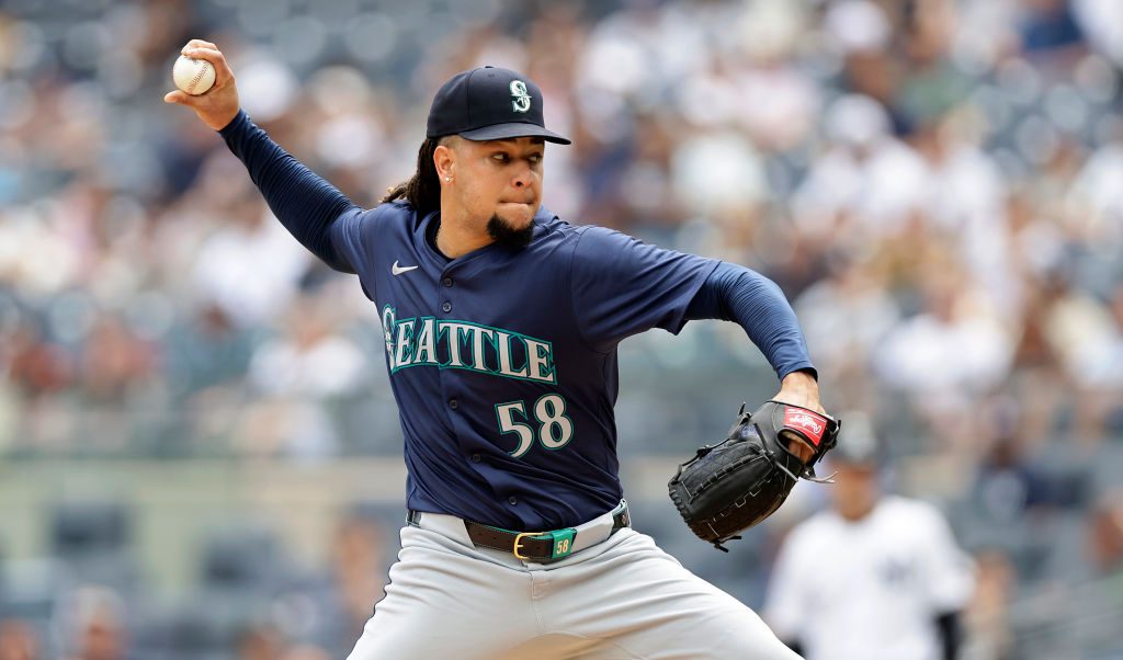 Luis Castillo of the Seattle Mariners in action against the New York Yankees at Yankee Stadium.