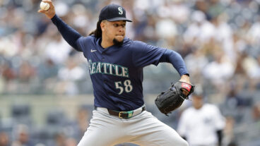 Luis Castillo of the Seattle Mariners in action against the New York Yankees at Yankee Stadium.