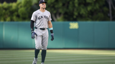 Aaron Judge of the New York Yankees warms up before the game against the Los Angeles Angels at Angel Stadium.