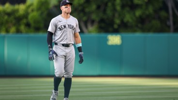 Aaron Judge of the New York Yankees warms up before the game against the Los Angeles Angels at Angel Stadium.