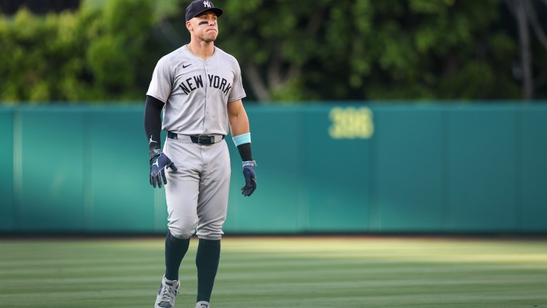 Aaron Judge of the New York Yankees warms up before the game against the Los Angeles Angels at Angel Stadium.