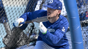 Cavan Biggio of the Los Angeles Dodgers takes batting practice prior to the game against the Texas Rangers at Dodger Stadium.