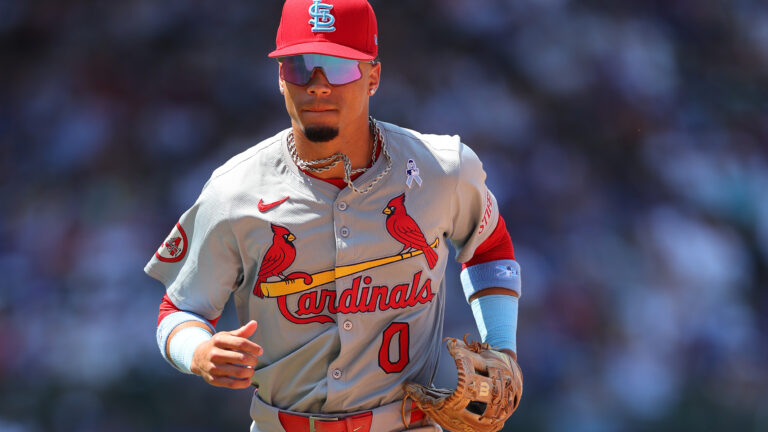 Masyn Winn of the St. Louis Cardinals looks on against the Chicago Cubs at Wrigley Field.