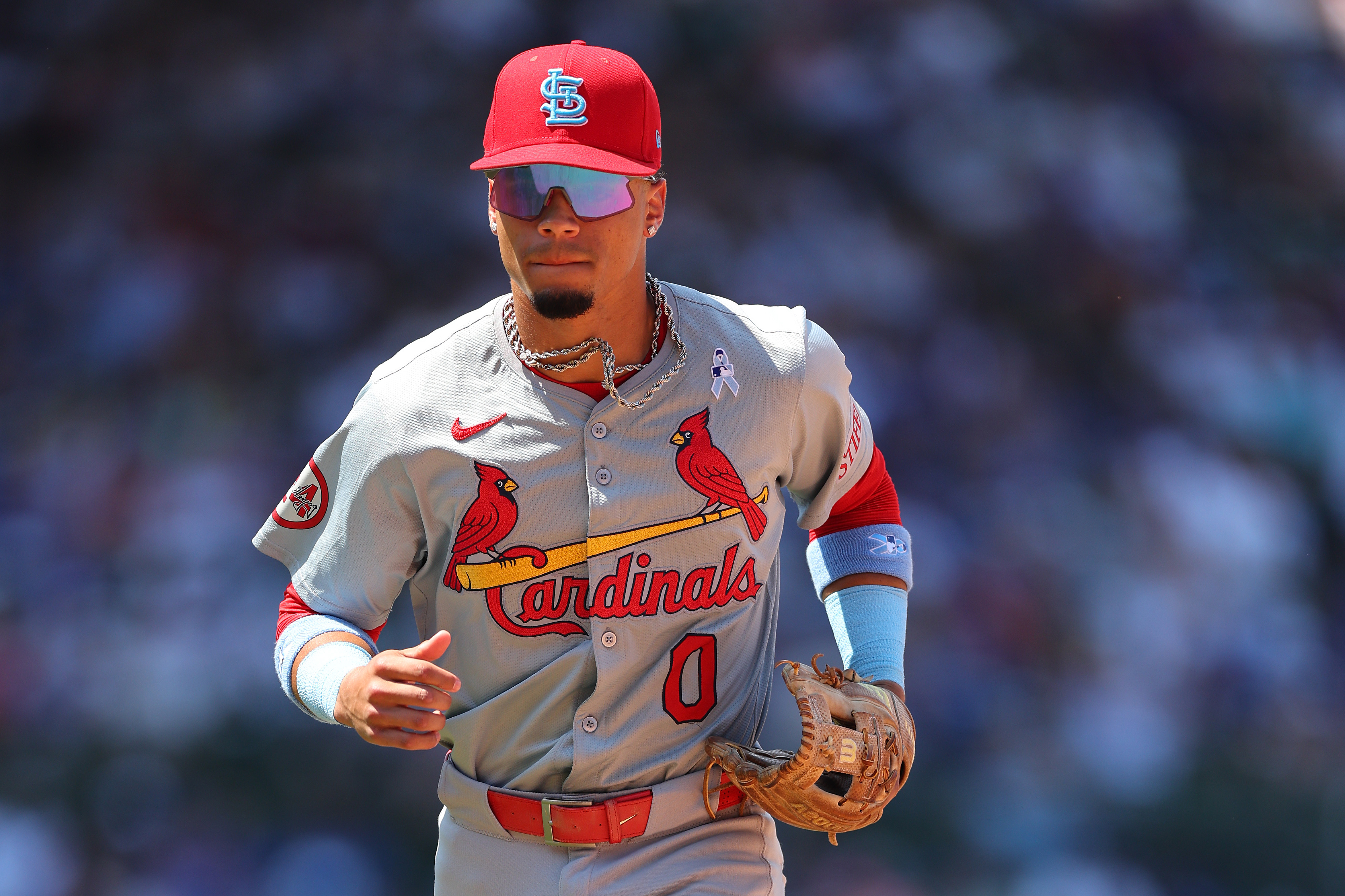Masyn Winn of the St. Louis Cardinals looks on against the Chicago Cubs at Wrigley Field.